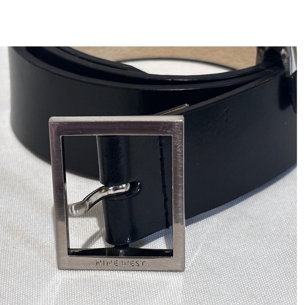 New Nine West Mens Unisex Black Genuine Leather Belt Silver Buckle Large capsule